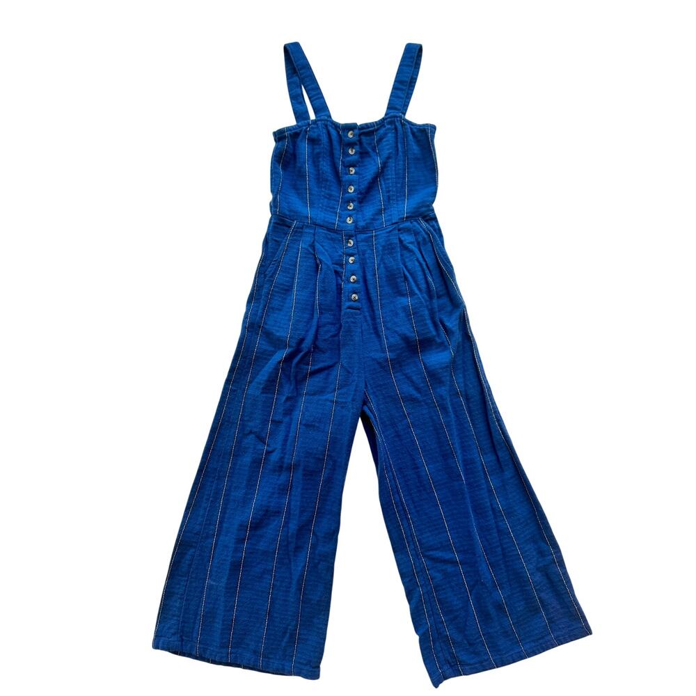 Billabong Paint The Town Jumpsuit XS Blue Striped Wide Leg Cotton Cropped - Picture 3 of 16